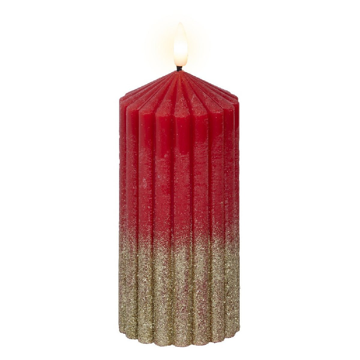 Lumineo Red and Gold Glitter Battery Operated LED Candle 7 x 15cm - XMAS CANDLES - Beattys of Loughrea