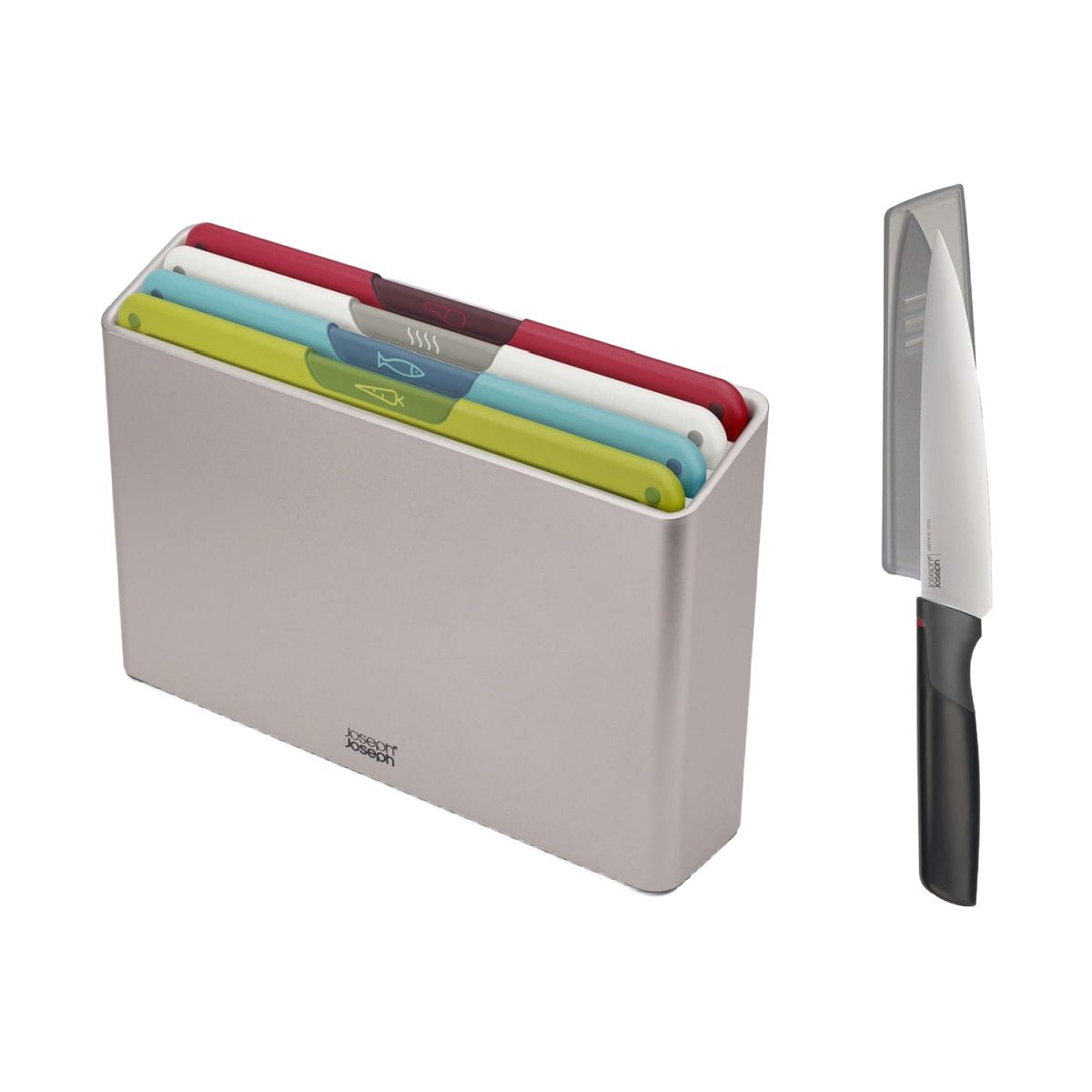 Joseph Joseph Folio™ Icon 4 - piece Multicolour Chopping Board Set with Chef’s Knife - CUTLERY/KNIFE SET/BLOCK - Beattys of Loughrea