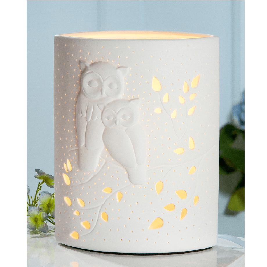 White Porcelain Owl Cut - out Lamp 28cm - TABLE/BEDSIDE LAMPS - Beattys of Loughrea