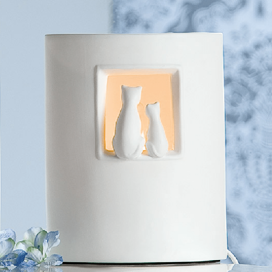White Porcelain Cat Cut - out Cylindrical Lamp 22cm - TABLE/BEDSIDE LAMPS - Beattys of Loughrea
