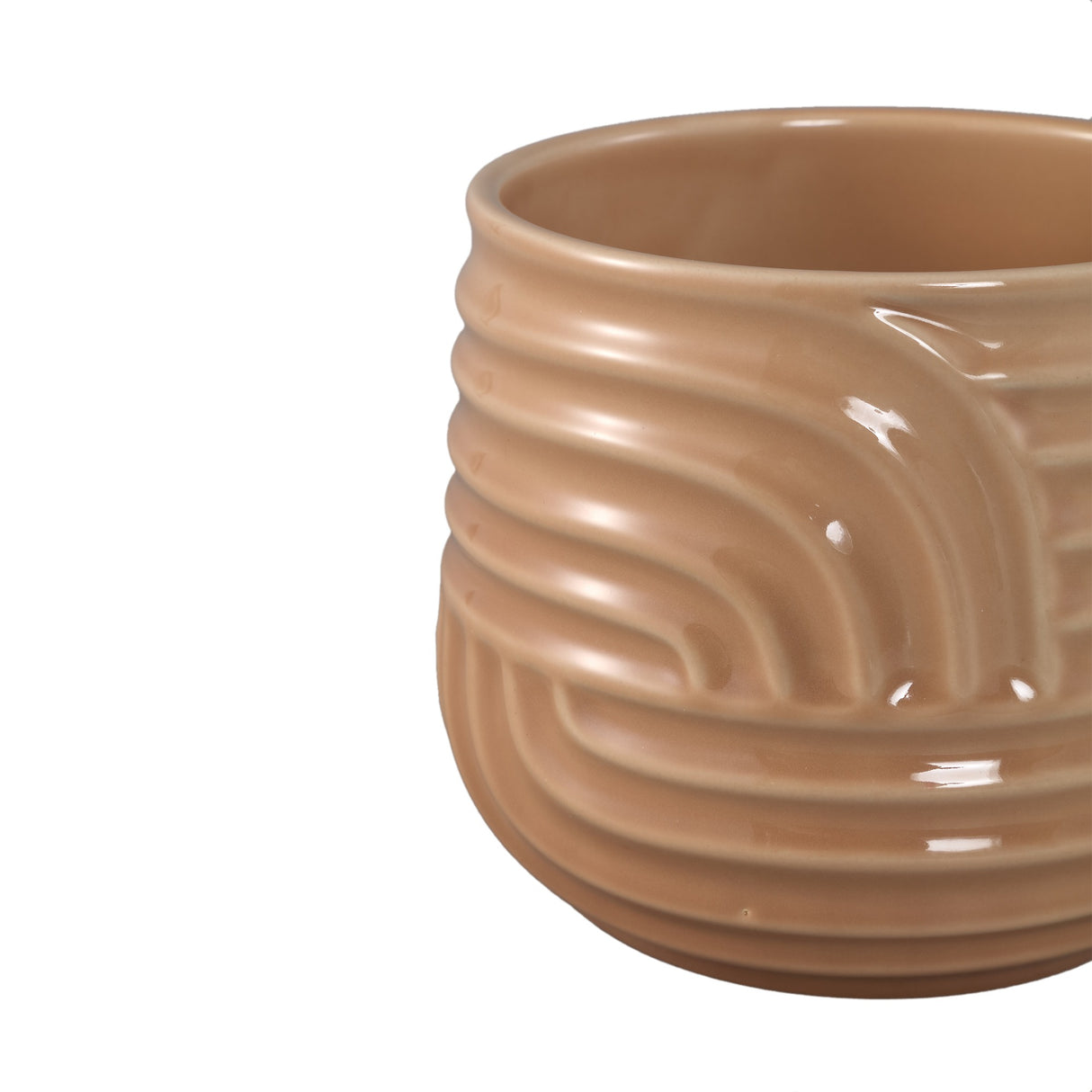 Ensar Cream Ceramic Pot Art Wave Pattern Round 12 x 12 x 9cm - PLANTER POT CLAY / CERAMIC /RESIN - Beattys of Loughrea