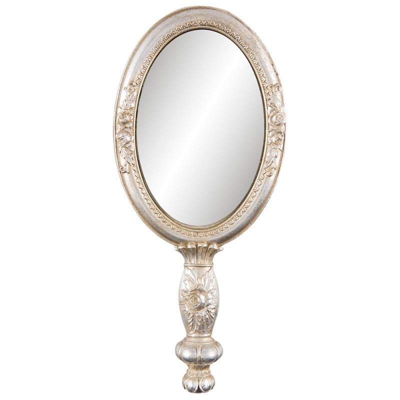 Handheld Oval Mirror 12 x 27cm Silver Coloured Flowers - WALL MIRRORS - Beattys of Loughrea