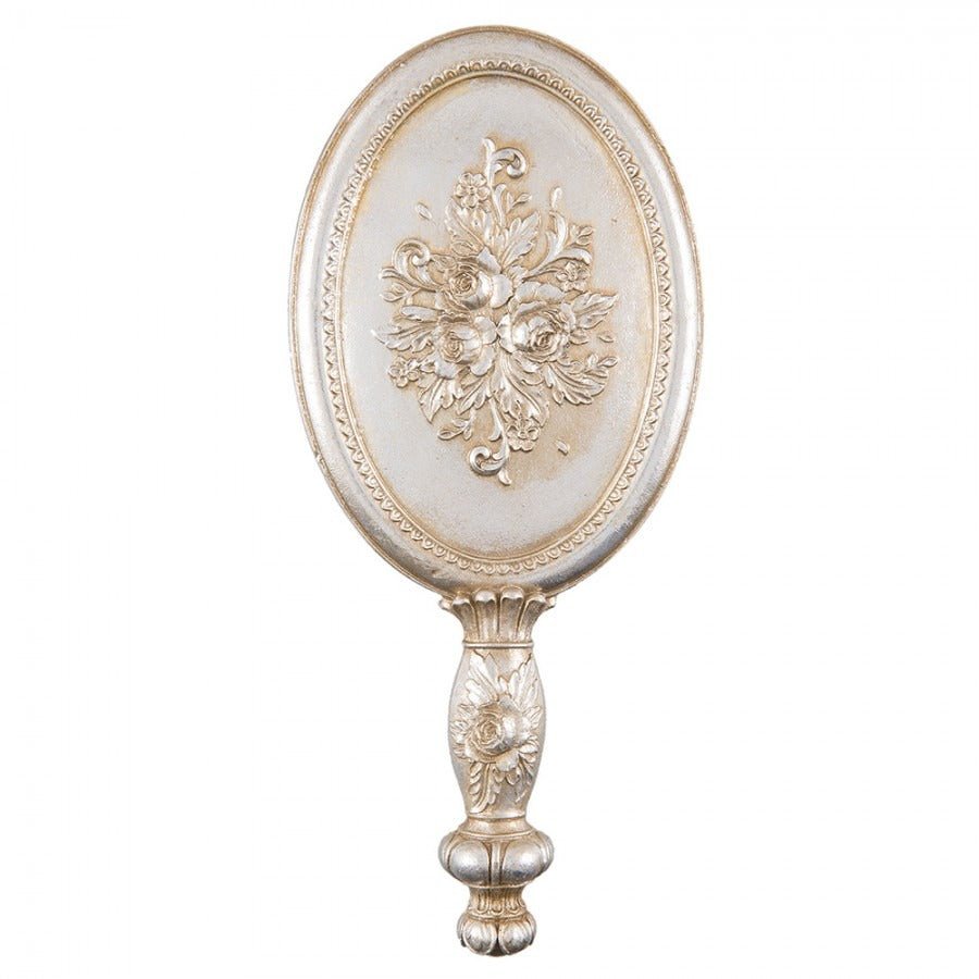 Handheld Oval Mirror 12 x 27cm Silver Coloured Flowers - WALL MIRRORS - Beattys of Loughrea