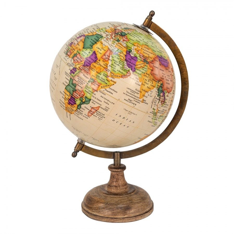 Globe 22 x 37cm Beige Brown Wood Round Globus - ORNAMENTS - Beattys of Loughrea