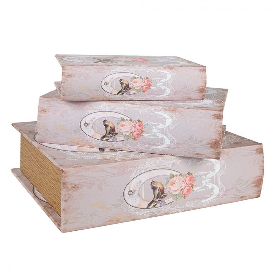 Storage Box Set of 3 Books Pink Wood Bird - ORNAMENTS - Beattys of Loughrea