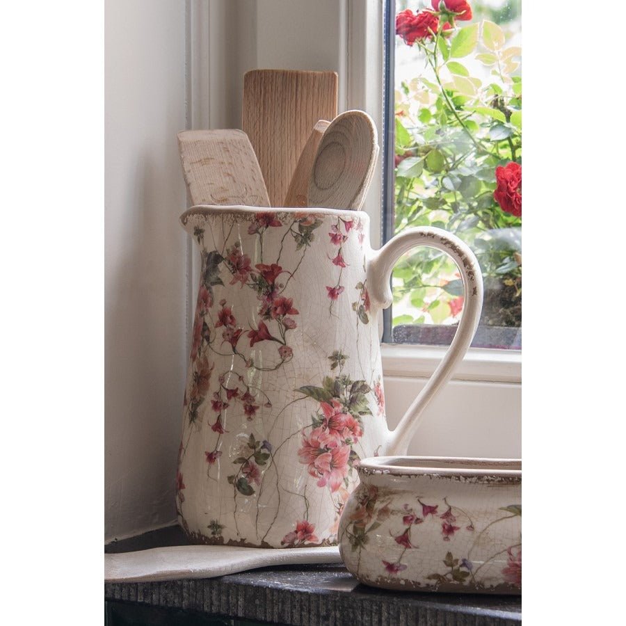 Decorative Pitcher 16 x 11 x 18cm Pink Beige Ceramic Flowers - FLOWERPOT/VASE/JUG 1 - Beattys of Loughrea