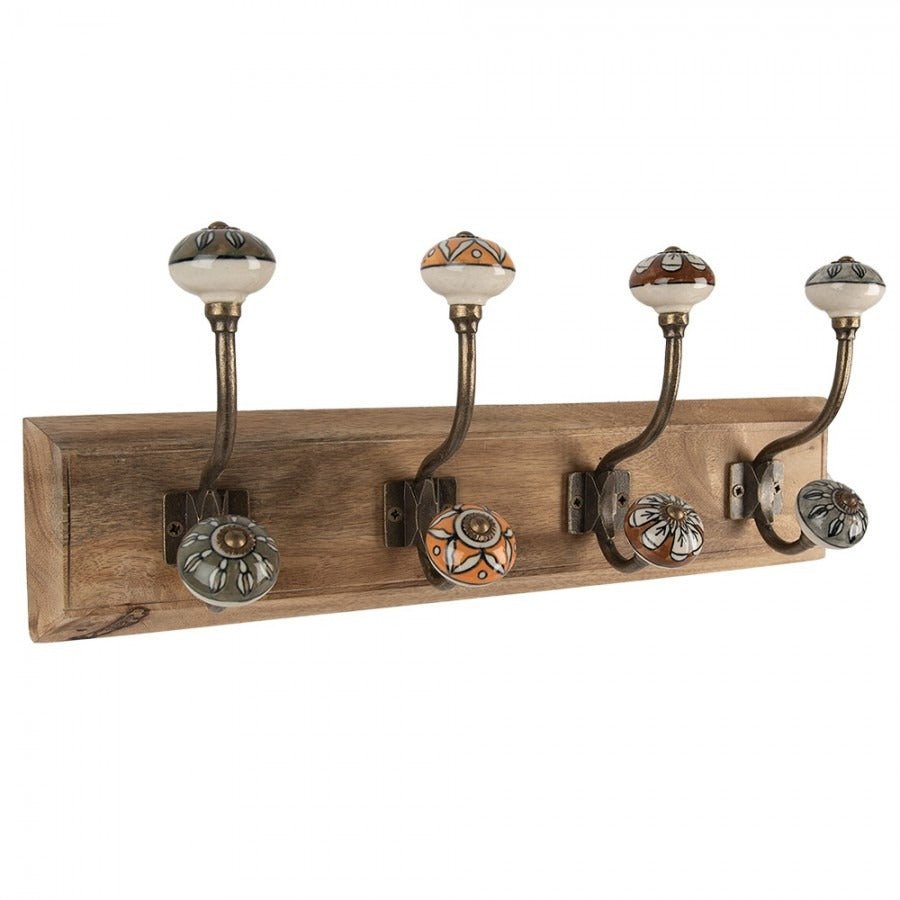 Wall Hook Set of 4 Hooks 45 x 11 x 18cm Brown Wood - HAT & COAT HOOK ON TIMBER - Beattys of Loughrea