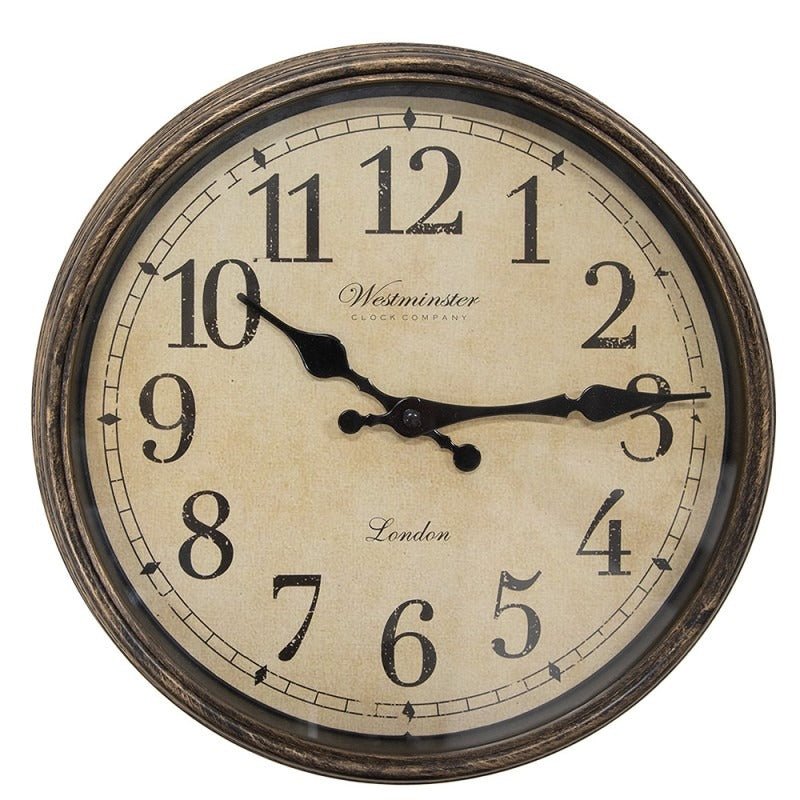 Country Style Wall Clock 30cm Brown Round - CLOCKS - Beattys of Loughrea