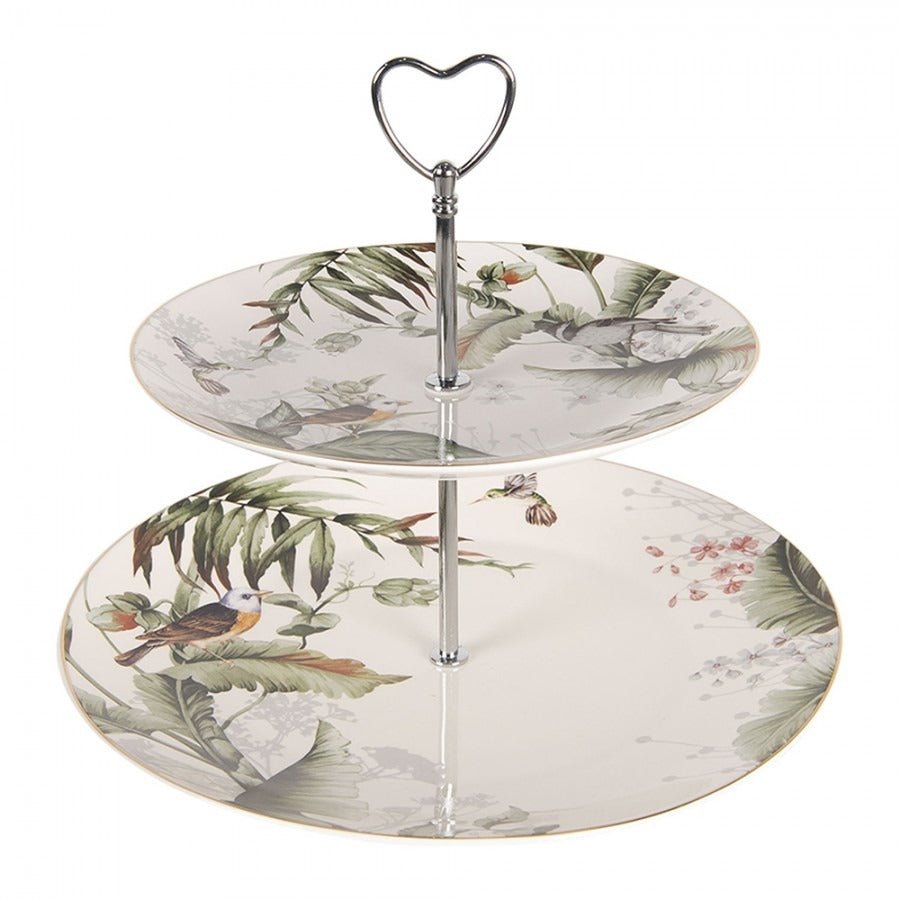 Etagere 2 Tier 26 x 24cm White Green Porcelain Birds Round Cake Stand - Beattys of Loughrea | www.beattys.ie