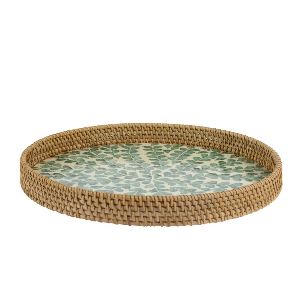 Round Rattan Tray with Green Leaf Pattern – 38cm - WOODEN KITCHENWARE /ACCESSORIES - Beattys of Loughrea