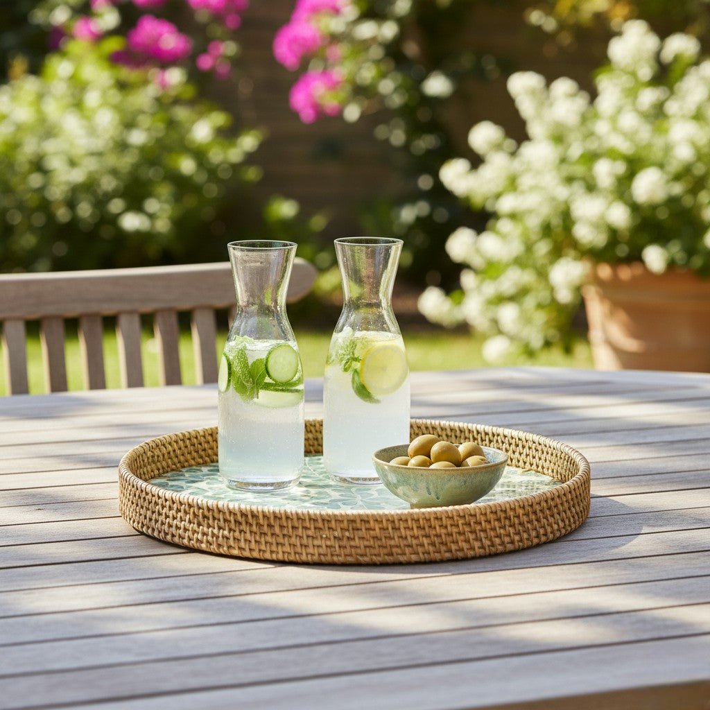 Round Rattan Tray with Green Leaf Pattern – 38cm - WOODEN KITCHENWARE /ACCESSORIES - Beattys of Loughrea
