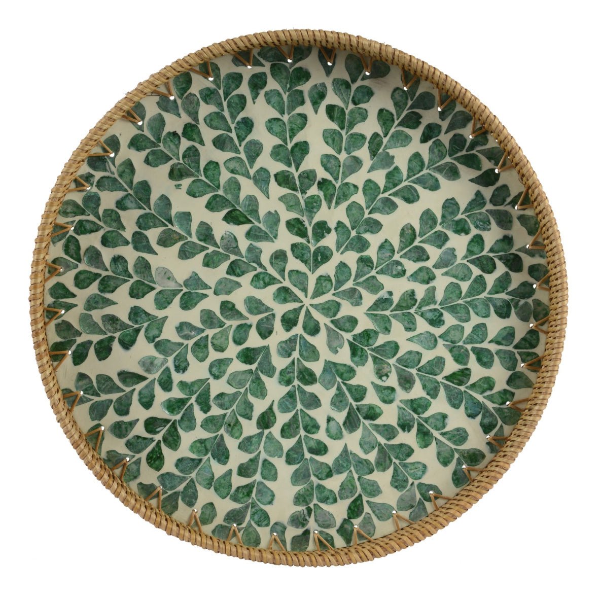 Round Rattan Tray with Green Leaf Pattern – 38cm - WOODEN KITCHENWARE /ACCESSORIES - Beattys of Loughrea
