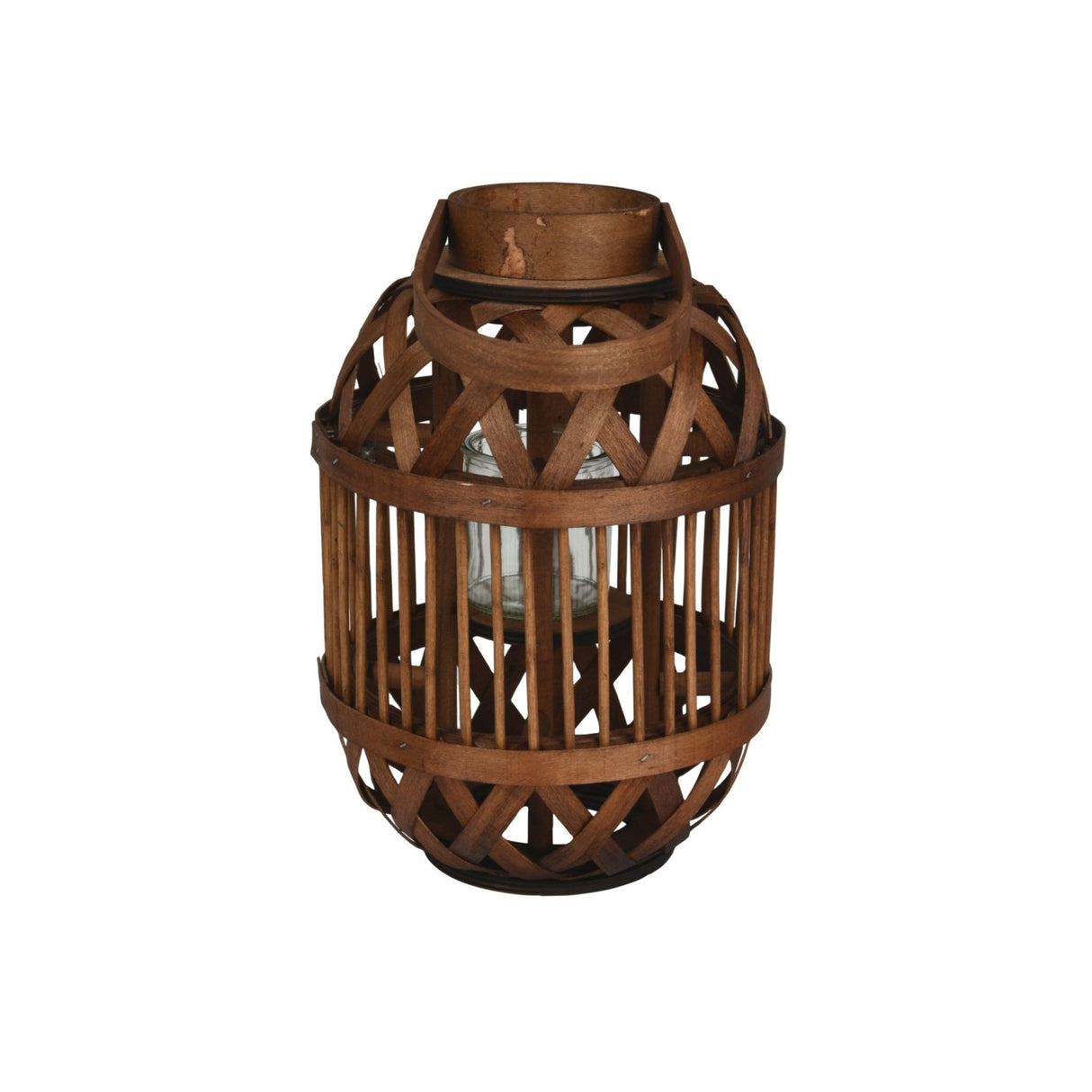 Bamboo Round Lantern with Glass Cup – 34cm Height - CANDLE HOLDERS / Lanterns - Beattys of Loughrea