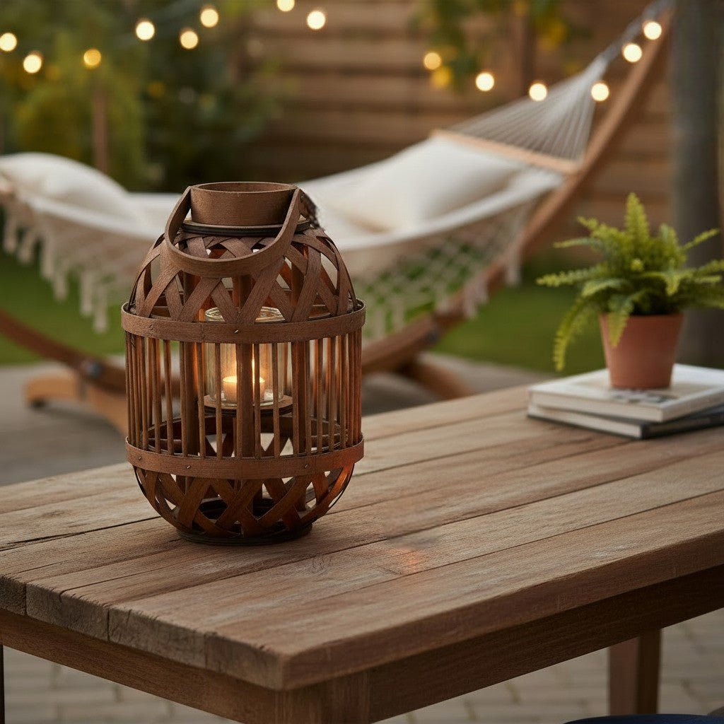 Bamboo Round Lantern with Glass Cup – 34cm Height - CANDLE HOLDERS / Lanterns - Beattys of Loughrea