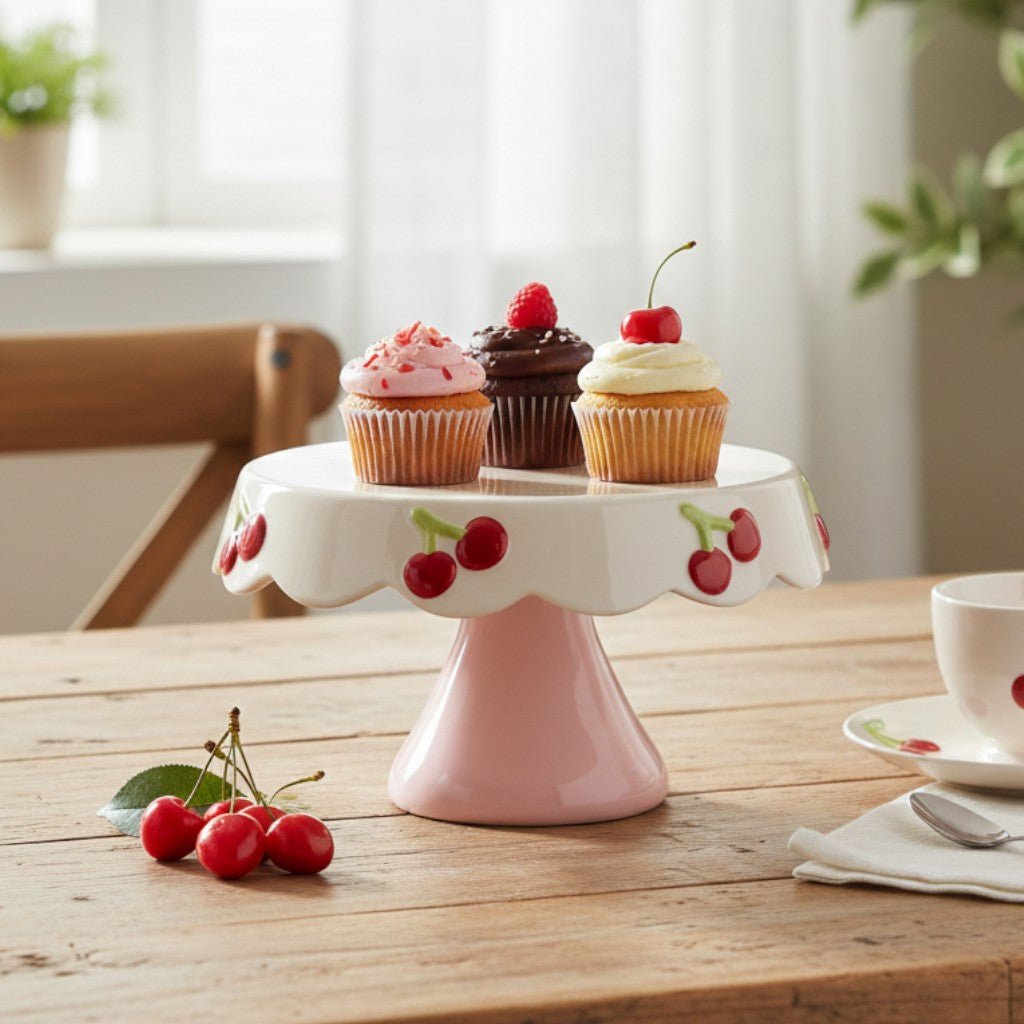 Cake Stand Round 24 Cm White With Cherry Decoration - GENERAL LOOSE WARE - Beattys of Loughrea