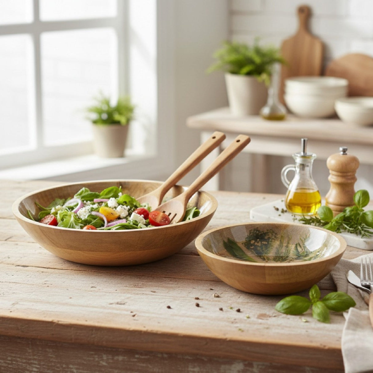 Decoris Round Mango Wood Bowl Set, 2‑Piece, Brown With Herb Print - WOODEN KITCHENWARE /ACCESSORIES - Beattys of Loughrea