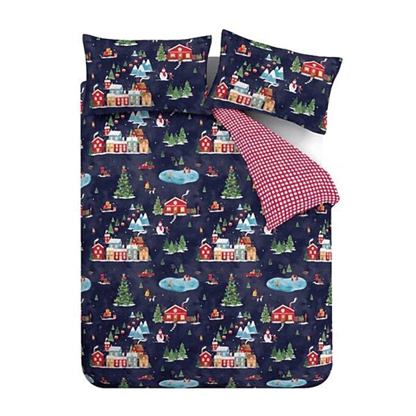 Catherine Lansfield Christmas Ski Village Reversible Duvet Cover Set – Navy Blue (Single) - DUVET COVERS - Beattys of Loughrea