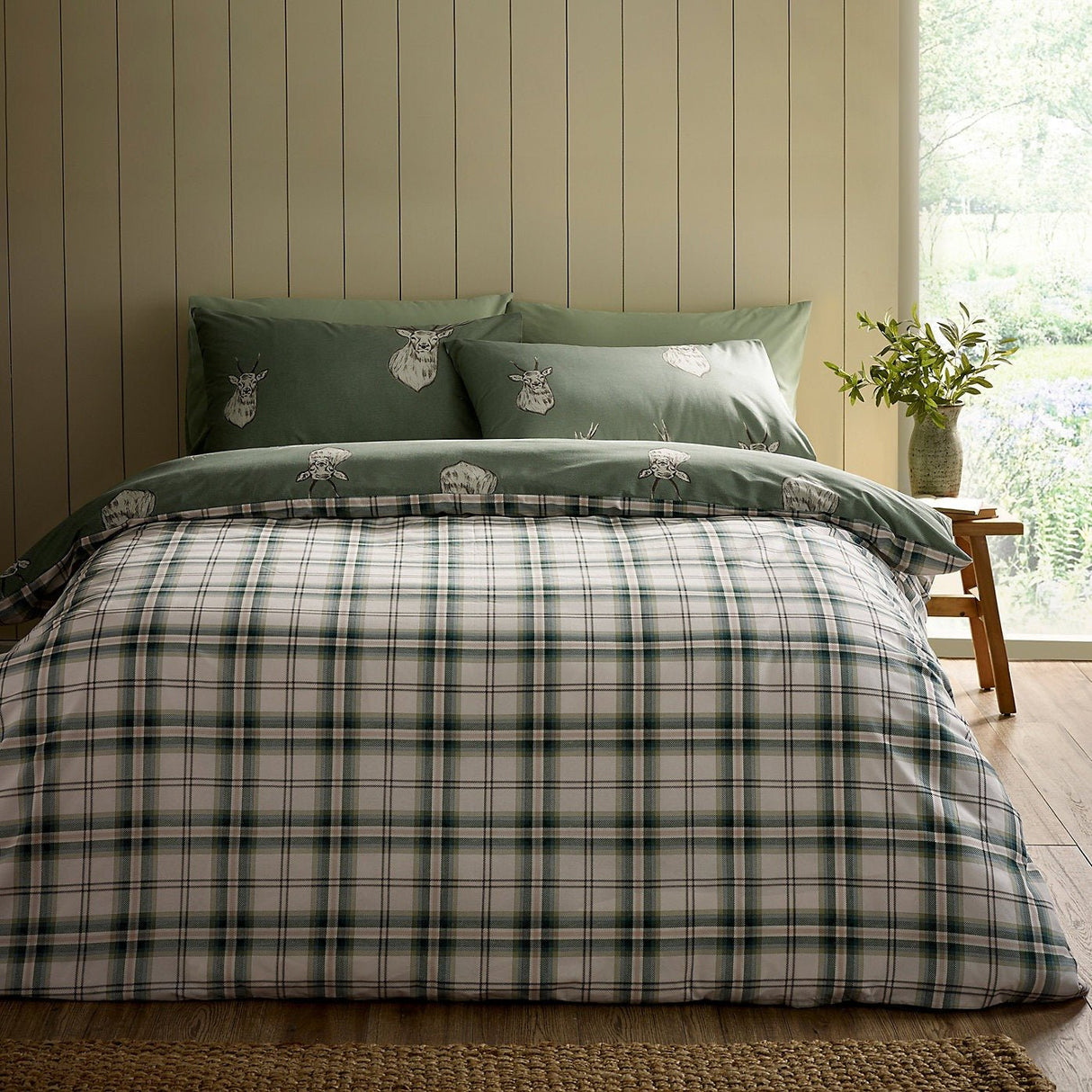 Catherine Lansfield Bedding Stag Check Duvet Set Soft Green - Double - DUVET COVERS - Beattys of Loughrea