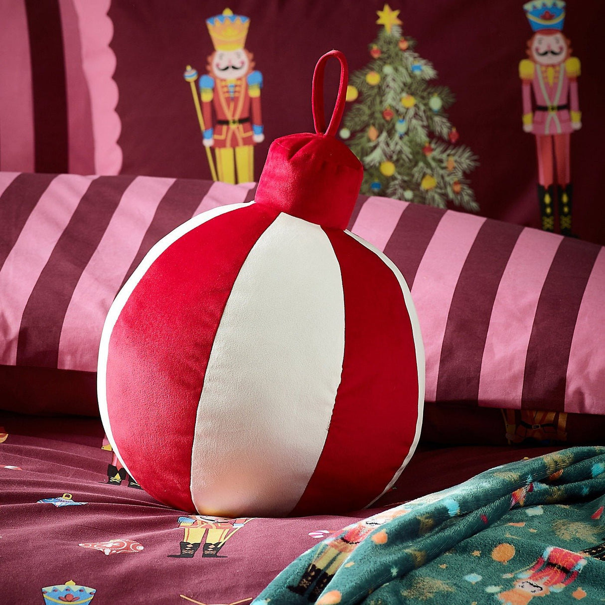 Catherine Lansfield Christmas Bauble 3D Shaped Cushion – White / Red (30x25cm) - CUSHIONS/COVERS - Beattys of Loughrea