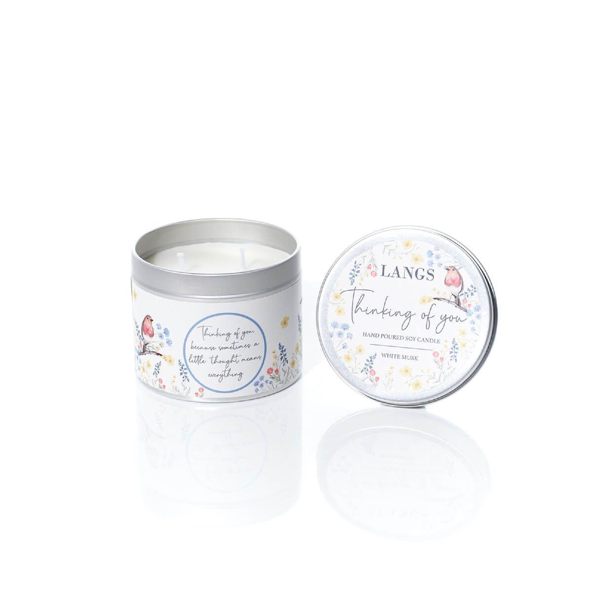 R13 GARDEN BIRDS HAND POURED THINKING OF YOU WHITE MUSK SOY WAX TIN CANDLE 2GB103