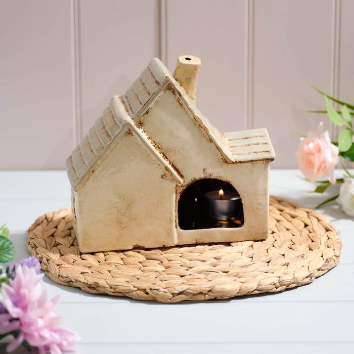 Stoneware Double Cottage With Full Chimney And Embossed Details Candle Holder - Beattys of Loughrea | www.beattys.ie
