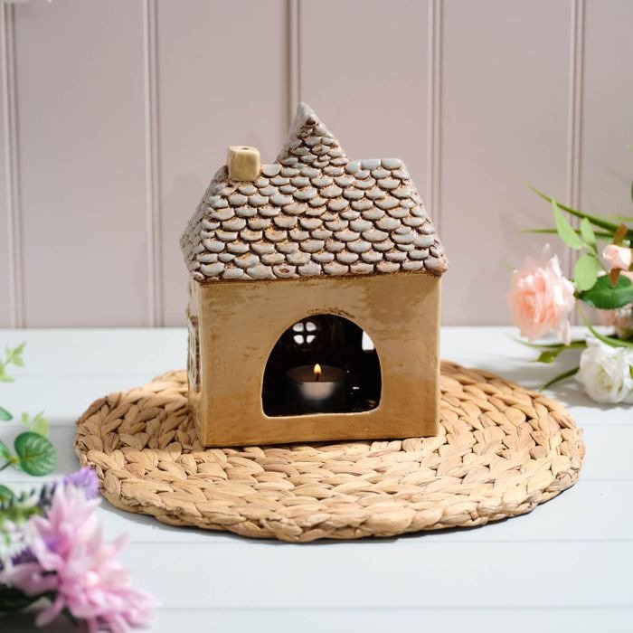 Stoneware House With Roses And Door Lanterns All Embossed Details Wax Melt Burner - ORNAMENTS - Beattys of Loughrea