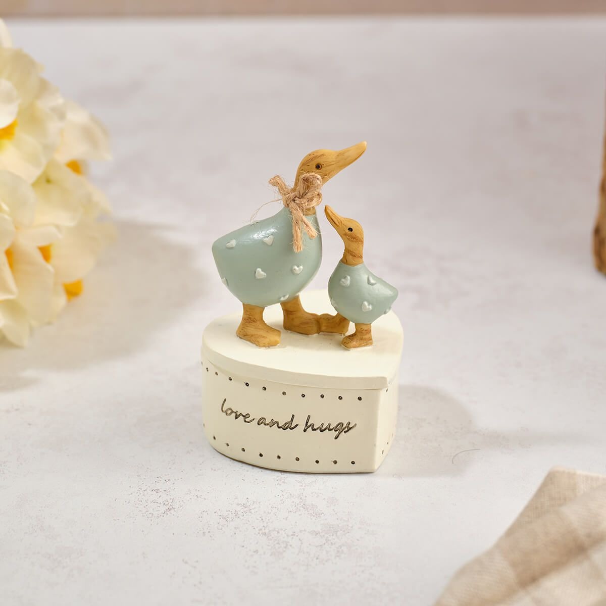 Floral Serenade Handcrafted Love Embossed Hearts Polyresin Mummy and Baby Duck Trinket Pot