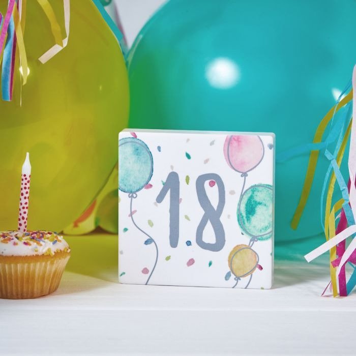 18th Birthday Block White Ceramic With Balloons & Confetti - ORNAMENTS - Beattys of Loughrea