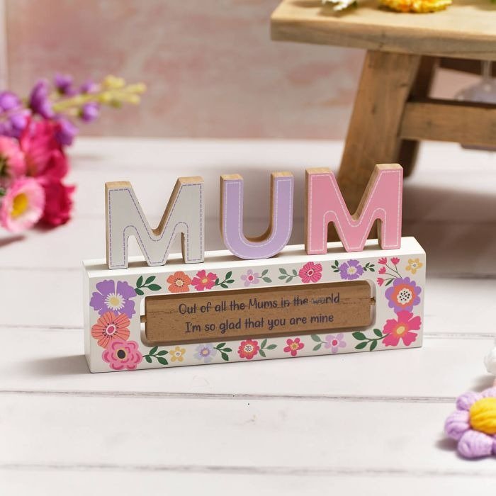 Cut Out Mum Wood Block with Spinning Block Two Sayings - ORNAMENTS - Beattys of Loughrea