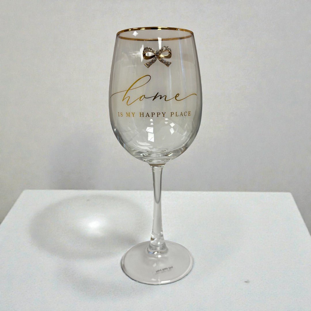 Home Wine Glass – Gold Script & Bow Detail - DRINKING GLASSES - Beattys of Loughrea