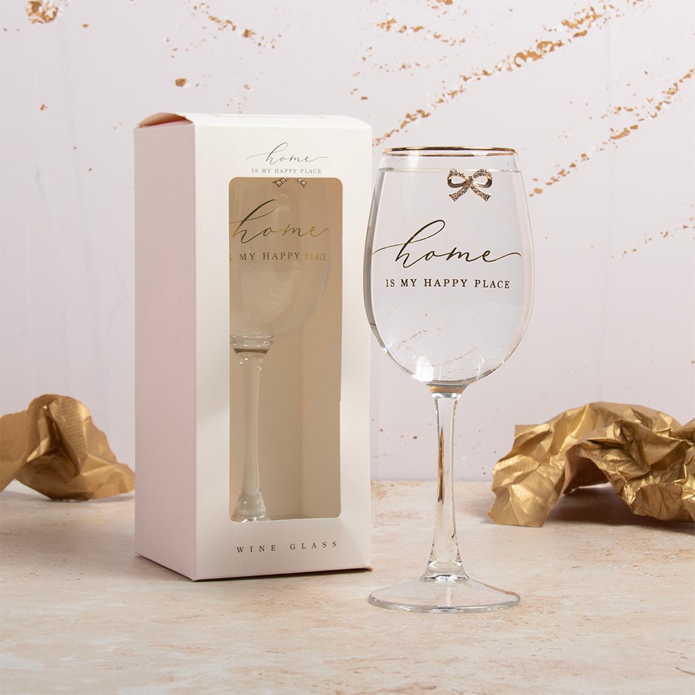Home Wine Glass – Gold Script & Bow Detail - DRINKING GLASSES - Beattys of Loughrea
