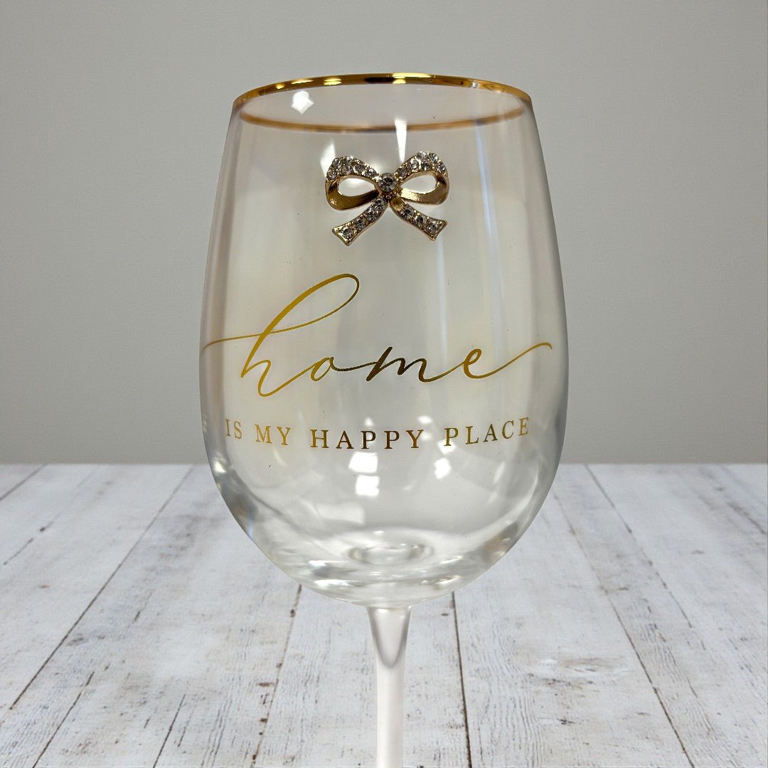 Home Wine Glass – Gold Script & Bow Detail - DRINKING GLASSES - Beattys of Loughrea