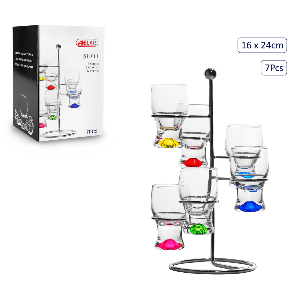 Anilar Multi - Coloured 6 Shot Glasses on Tiered Stand - DRINKING GLASSES - Beattys of Loughrea