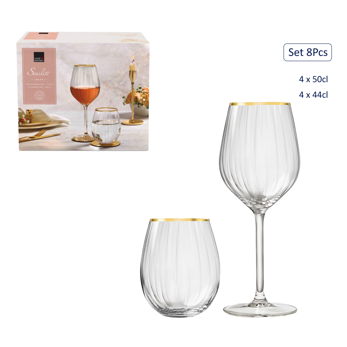 Royal Leerdam Scarlet Gold Rim Glass Set – 8 Pieces