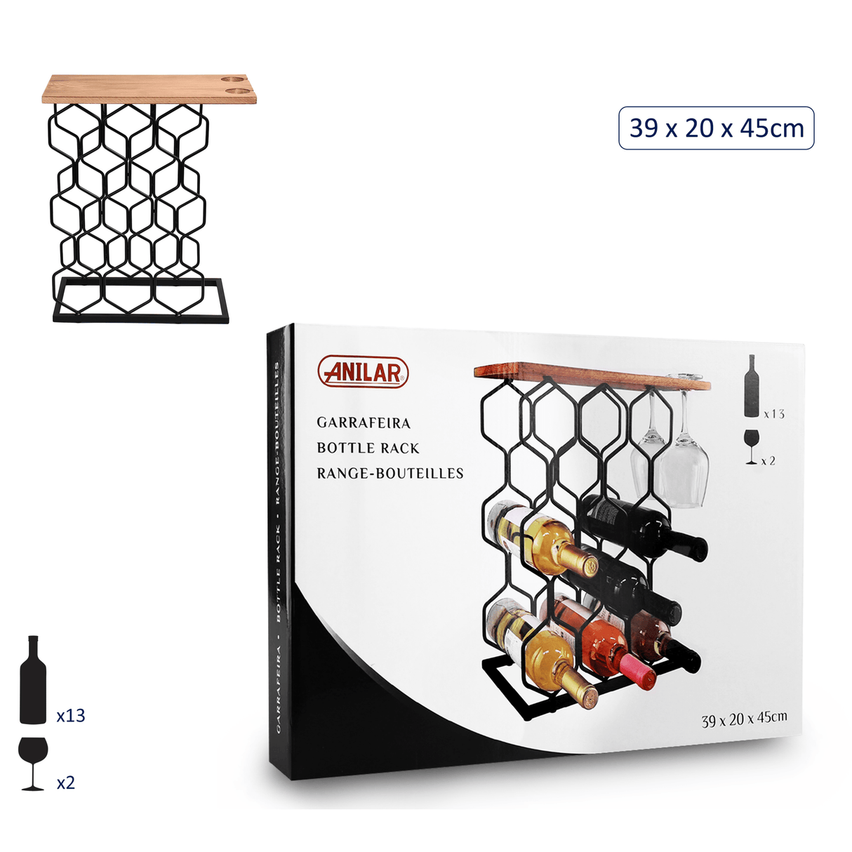 Anilar Hexagon Wine Rack – Holds 13 Bottles & 2 Glasses - WINE RACKS - Beattys of Loughrea