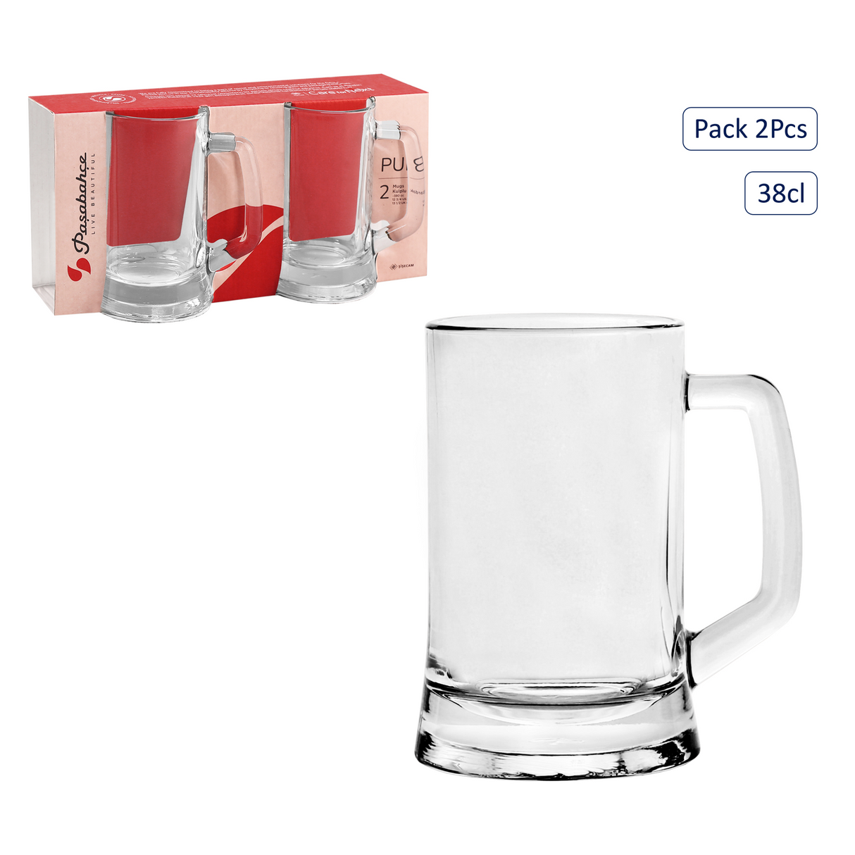 Pasabahce 2pk Glass Beer Tankards 380ml