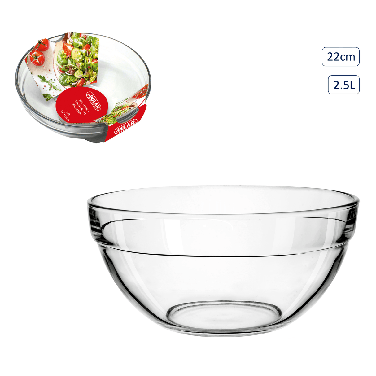 Anilar Glass Salad Bowl – 22cm (2.5L) - GENERAL LOOSE WARE - Beattys of Loughrea