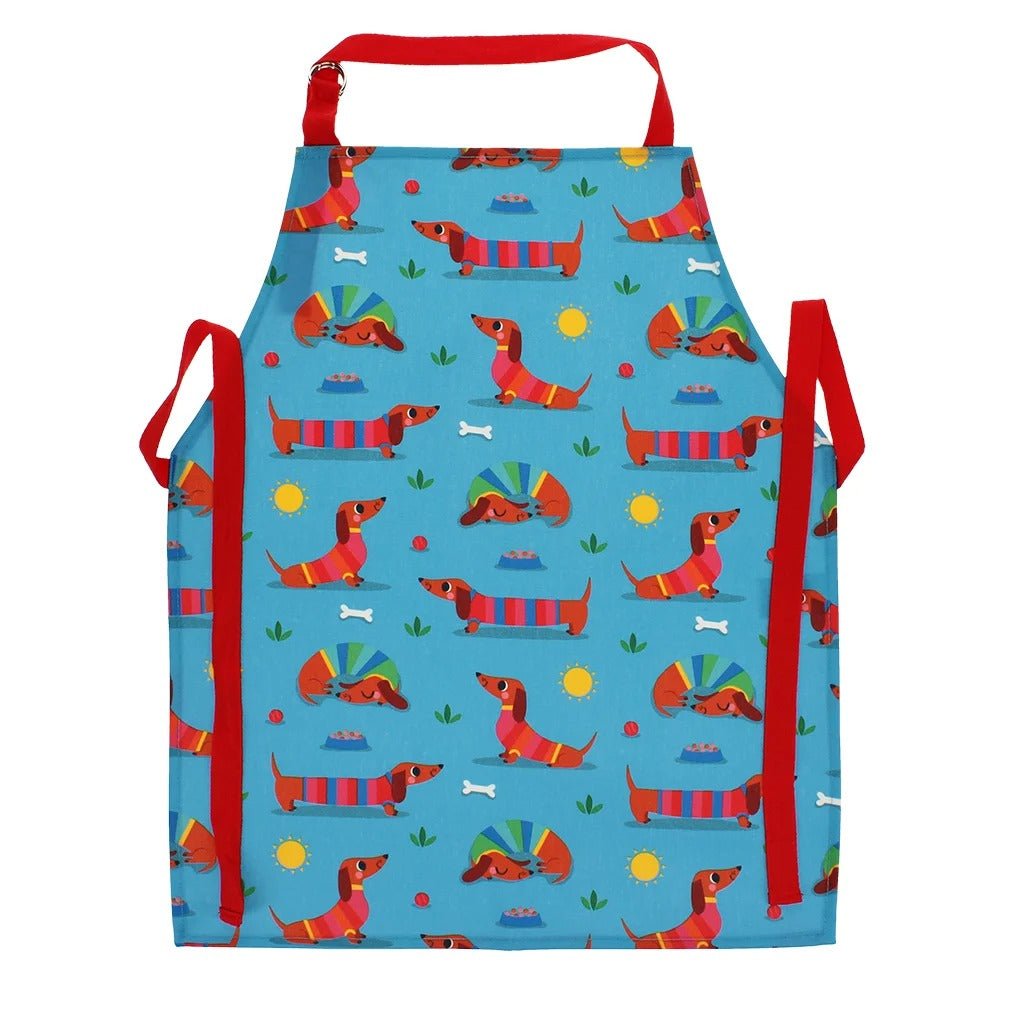 Wipeable Cotton Children's Apron – Sunny Sausage Dog Print - APRON/GLOVE/TEXTILE - Beattys of Loughrea