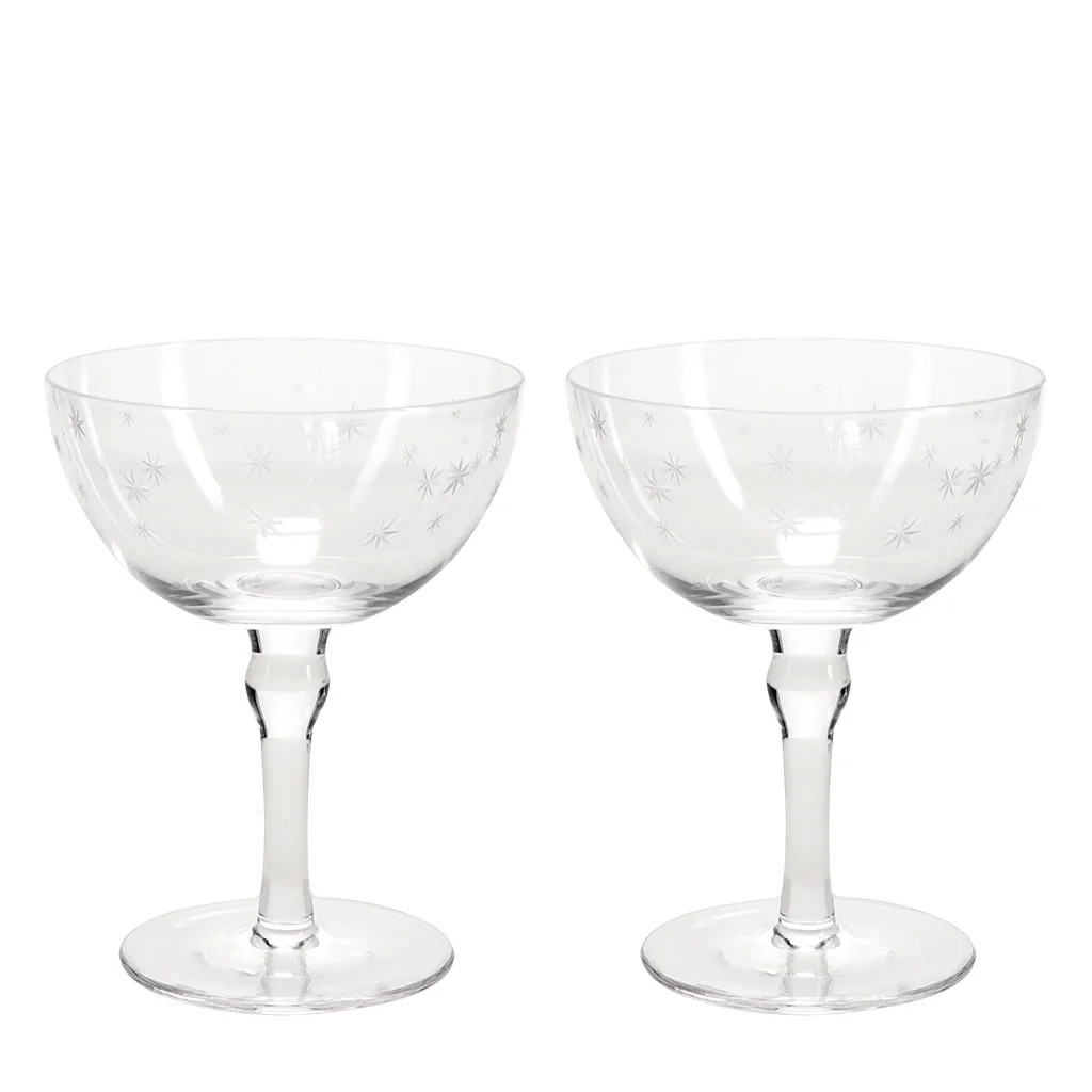 Etched Star Coupe Cocktail Glasses 200ml (Set of 2) – Clear - DRINKING GLASSES - Beattys of Loughrea