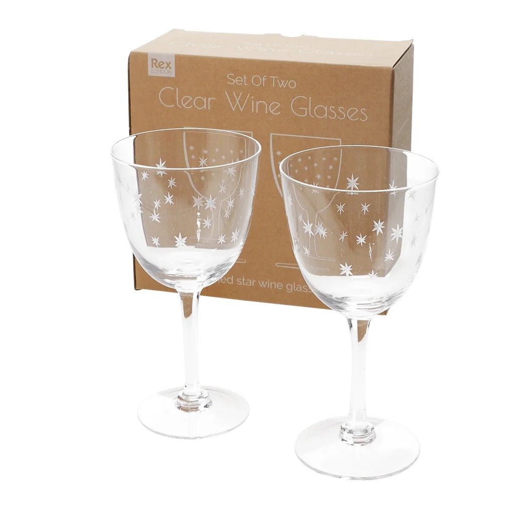 Etched Star Wine Glasses 250ml (Set of 2) – Clear - DRINKING GLASSES - Beattys of Loughrea