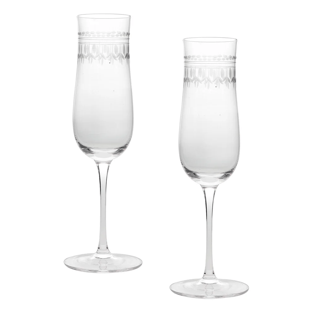 Vintage Etched Champagne Glasses 200ml (Set of 2) – Clear - DRINKING GLASSES - Beattys of Loughrea