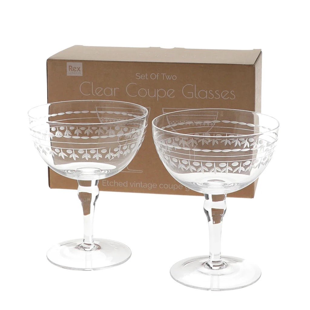 Vintage Etched Coupe Glasses 200ml (Set of 2) – Clear - DRINKING GLASSES - Beattys of Loughrea