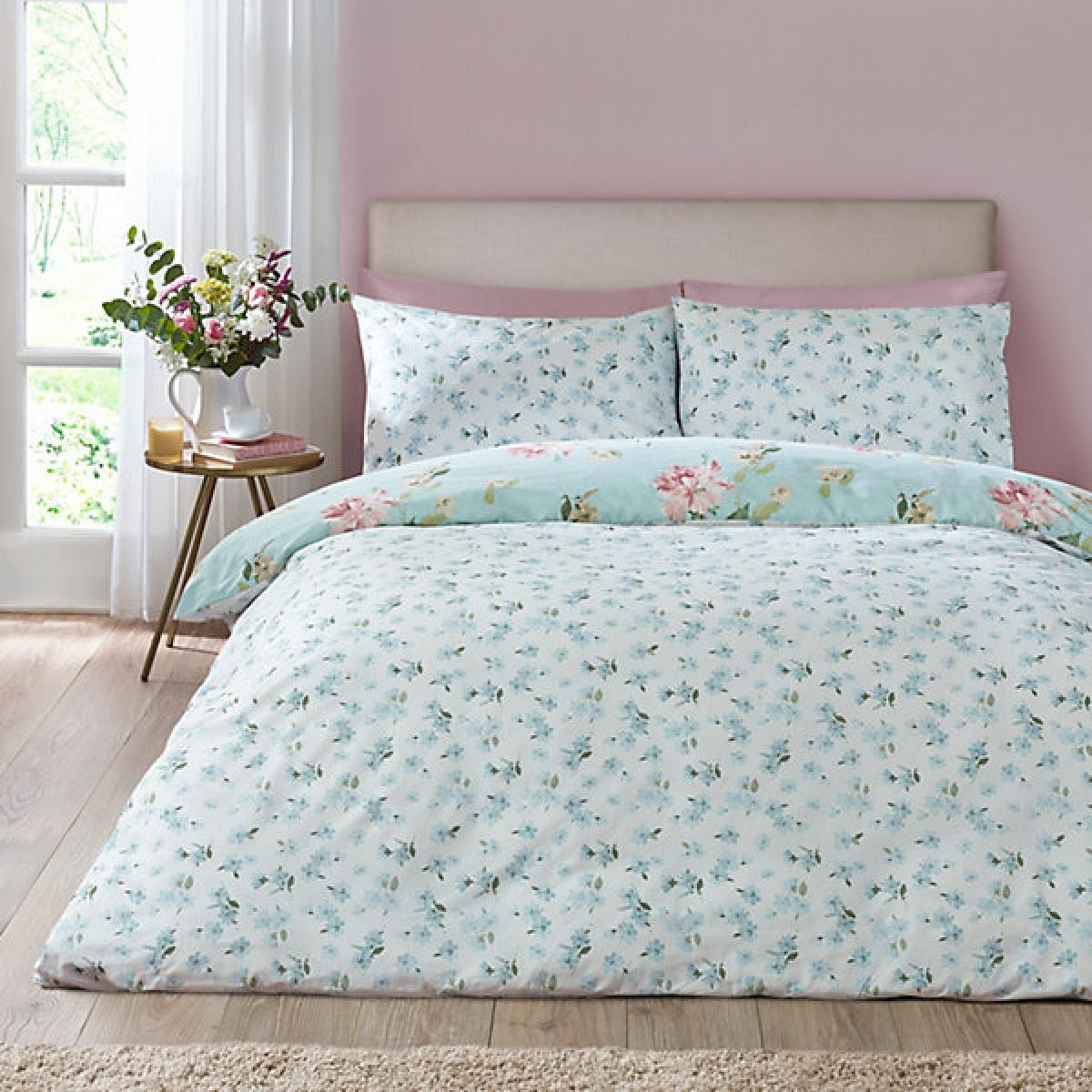 Catherine Lansfield Avebury Floral Reversible Super King Duvet Cover Set with Pillowcases Duck Egg Blue - DUVET COVERS - Beattys of Loughrea