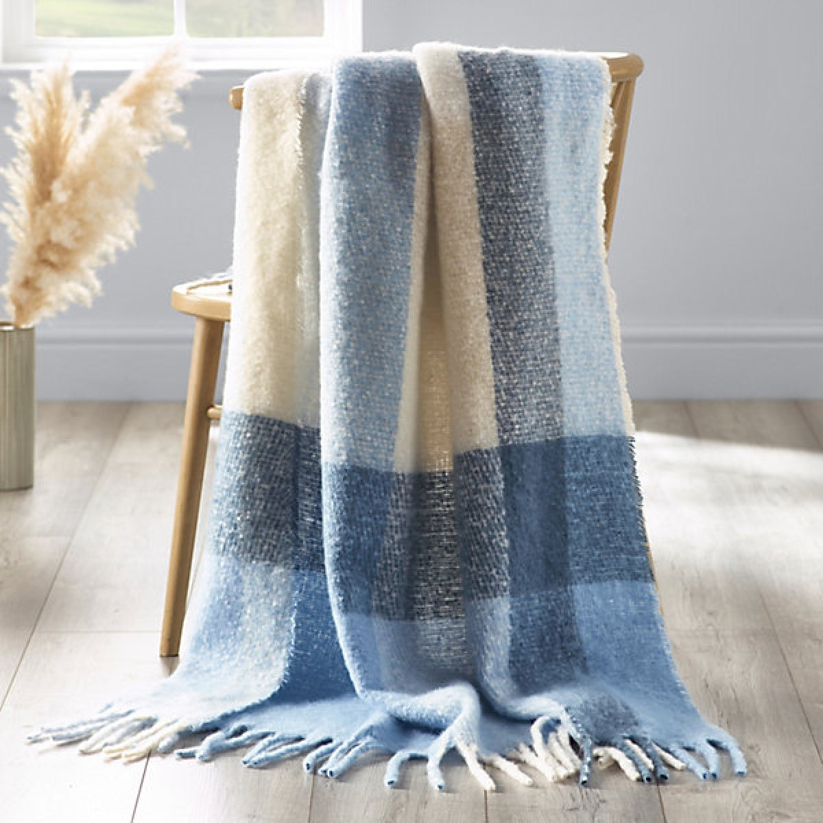 Catherine Lansfield Faux Mohair Check 130 x 170cm Blanket Throw Blue