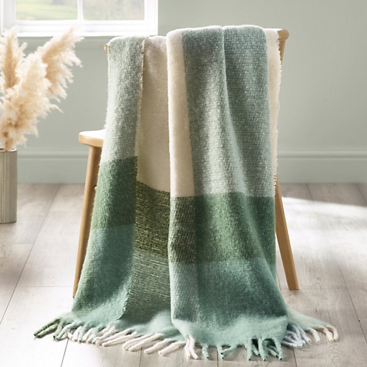 Catherine Lansfield Faux Mohair Check 130 x 170cm Blanket Throw Green - THROWS/BLANKETS - Beattys of Loughrea