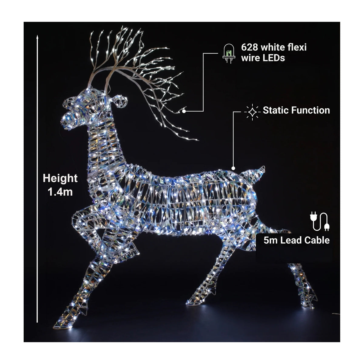 Noma 1.4m Iridescent Woburn Leaping Stag - XMAS LIGHTED OUTDOOR DECOS - Beattys of Loughrea