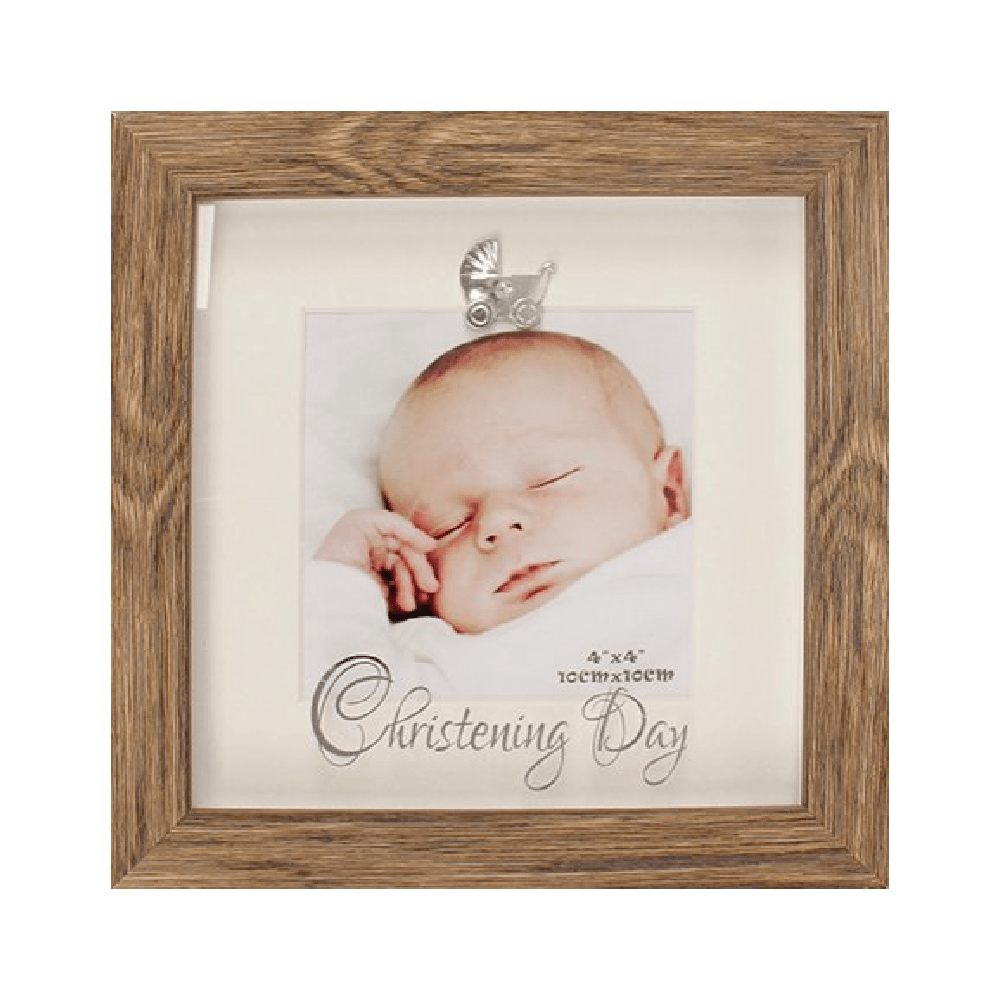 Christening Photo Frame Wood Finish 4" x 4" - PHOTO FRAMES - PLATED, GILT, STONE - Beattys of Loughrea