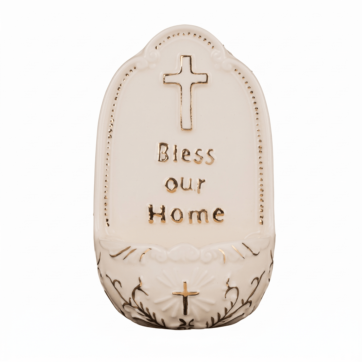 Porcelain Holy Water Font Bless Our Home Cross 6.25 Inch - ORNAMENTS - Beattys of Loughrea