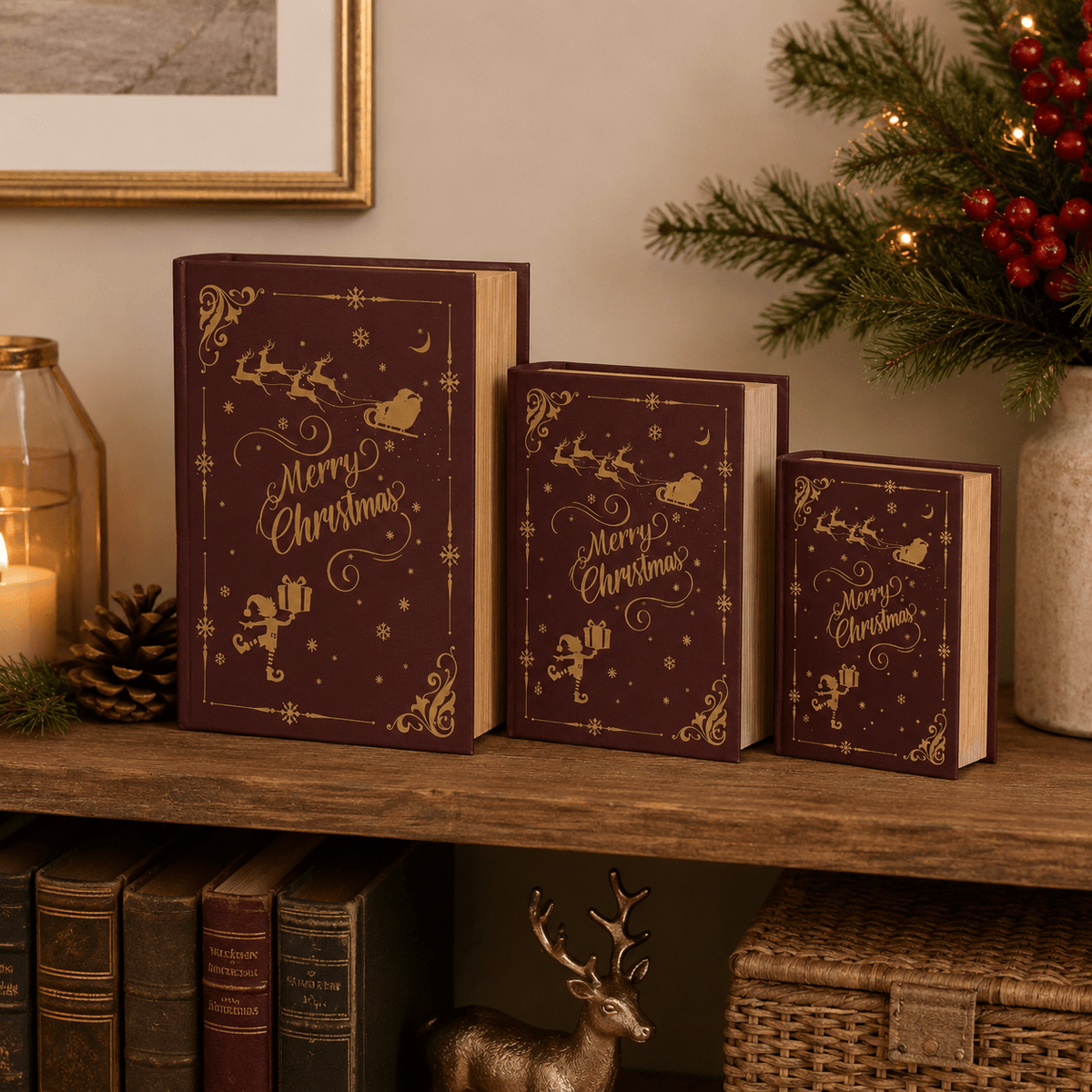 Set Of 3 Book Storage Boxes Oxblood With Gold Foil - XMAS ACCESSORIES - Beattys of Loughrea