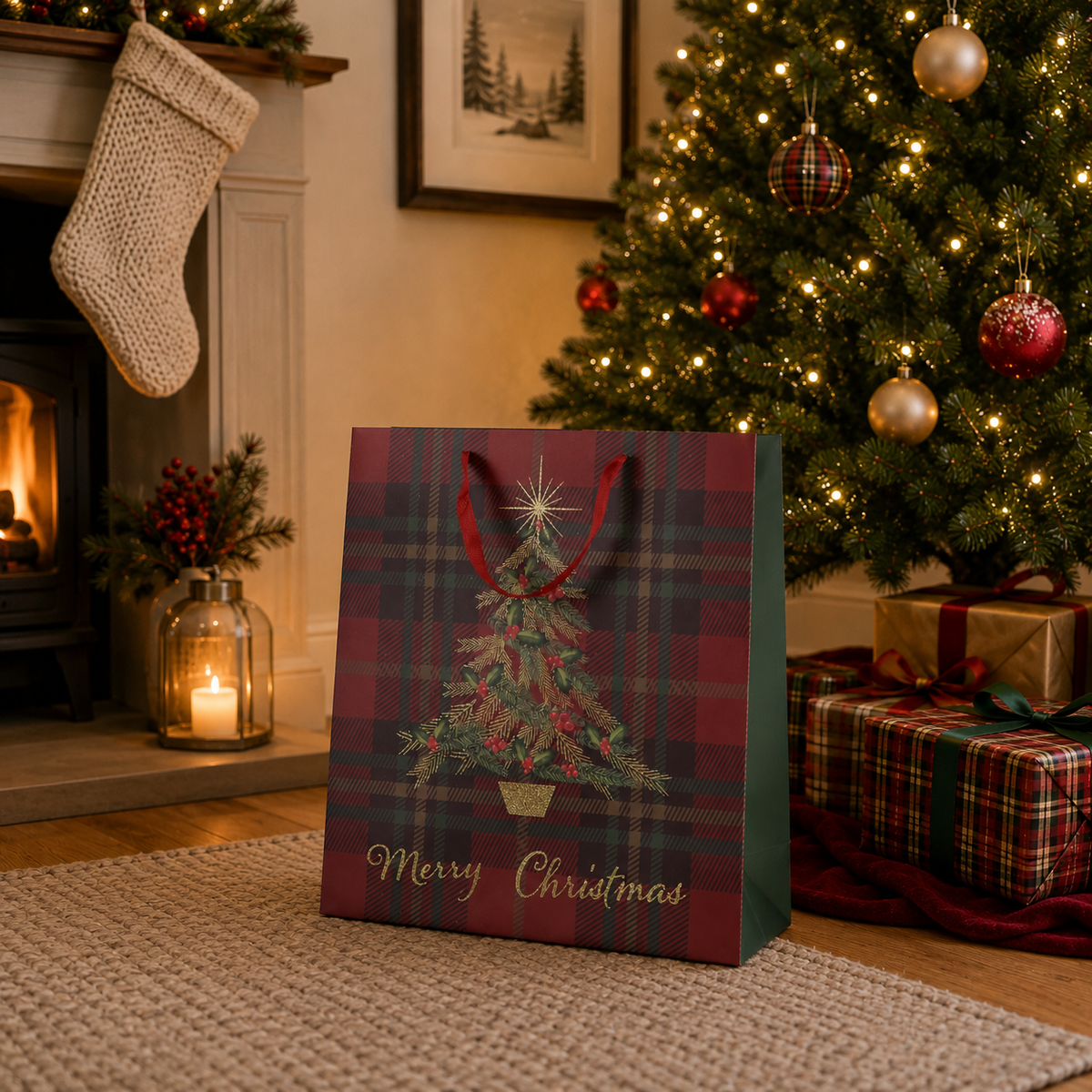 Große Weihnachtsgeschenktasche Karomuster mit Glitzerbaum